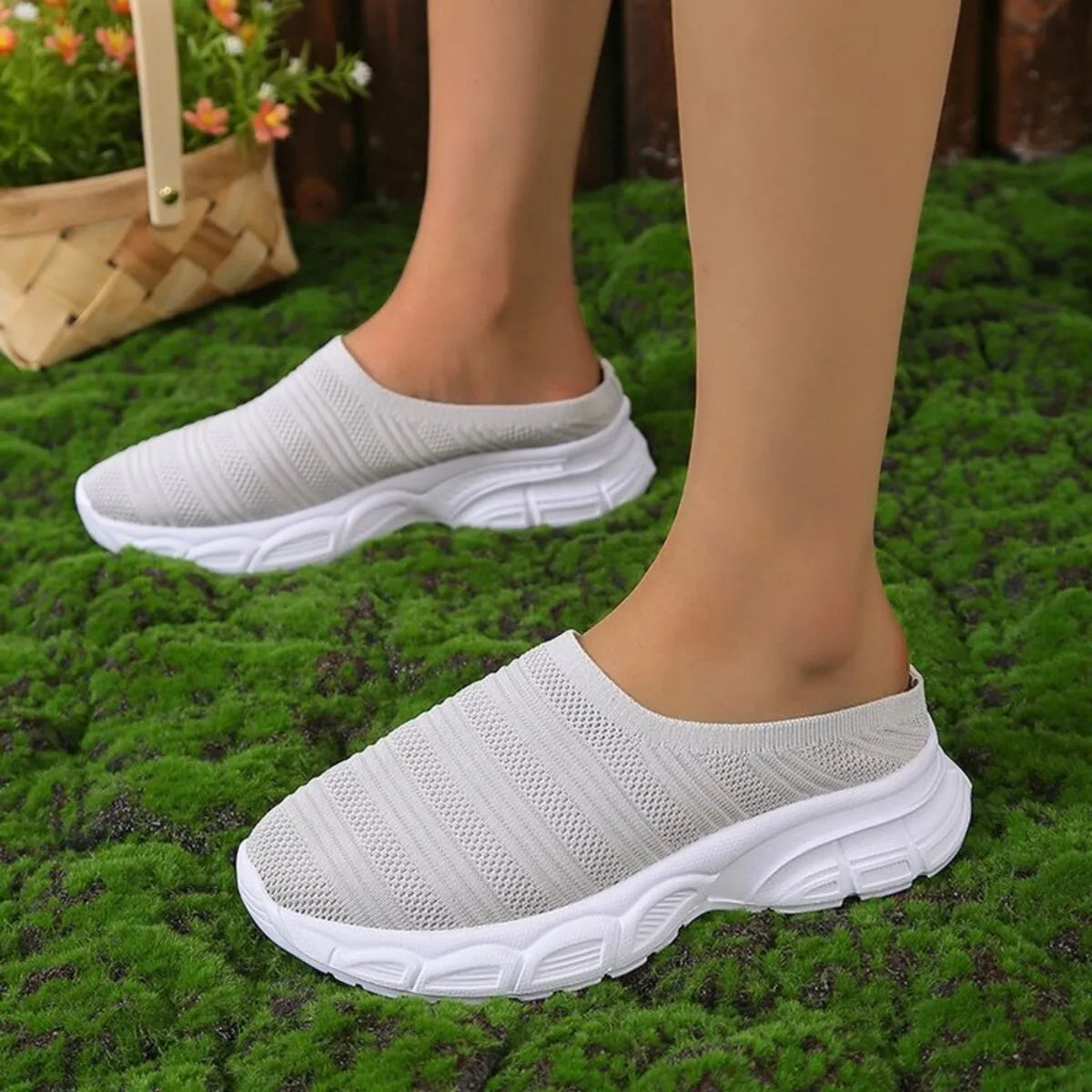 Breathable Mesh Round Toe Slip-Ons in Grey for Women