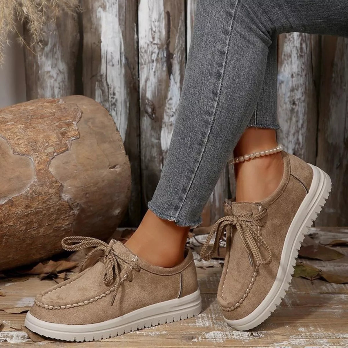 Lace Up Round Toe Loafers in Apricot for Women
