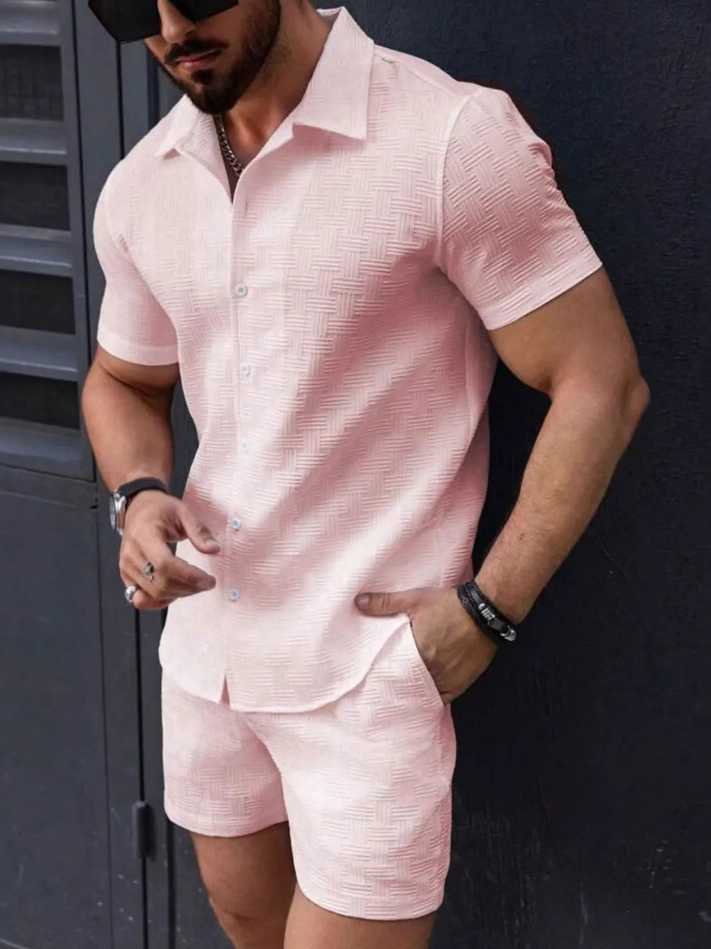 Button Up Short Sleeve Shirt and Shorts Set in Light Blue for Men