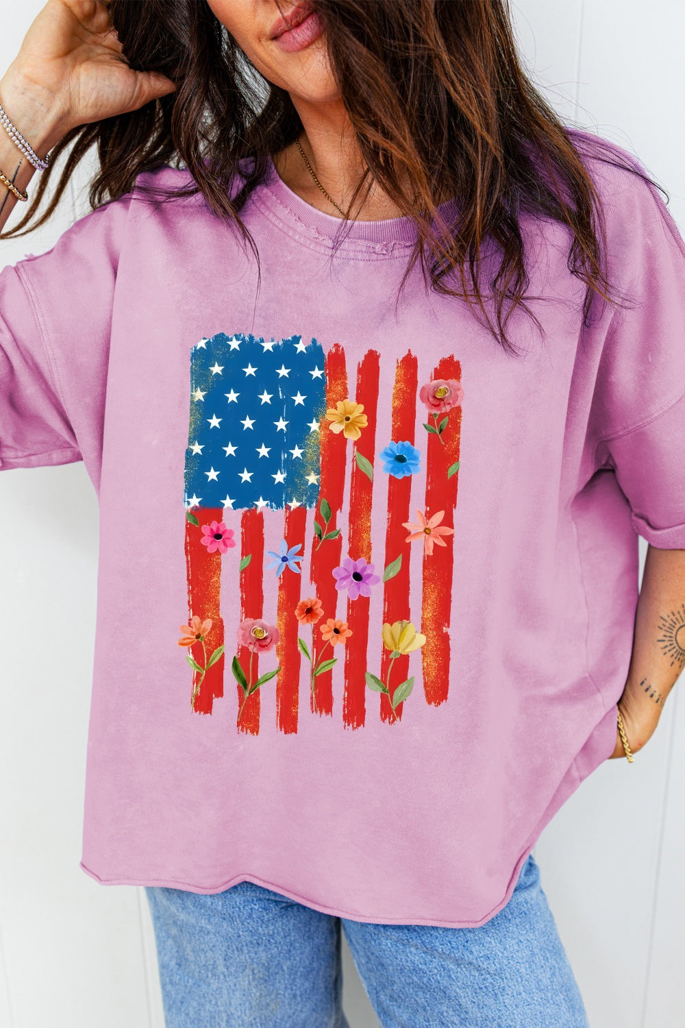 Floral American Flag Printed Raw Edge Cotton Tee in Pink Purple for Women