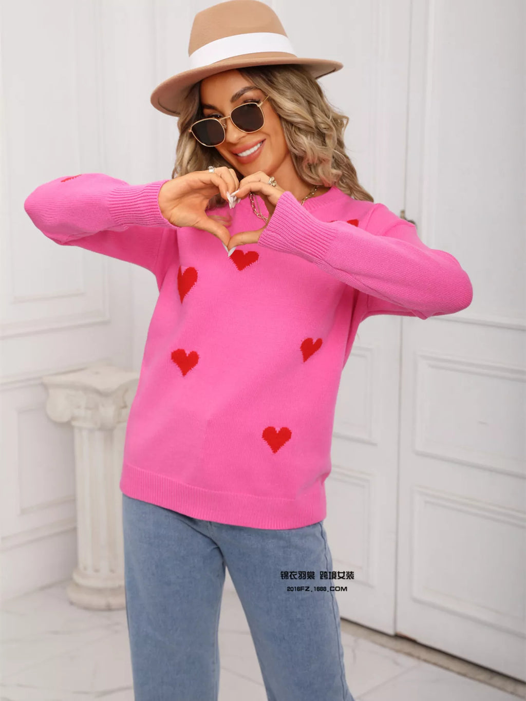 Valentines Day Heart Print Round Neck Sweater in Rose Red for Women