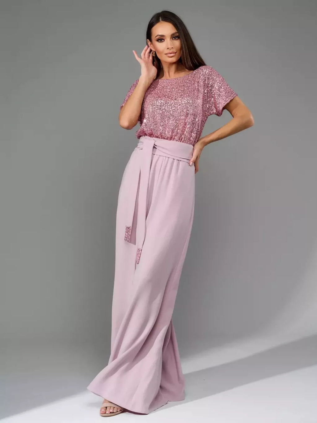 Plus Size Sequin Short Sleeve Wide Leg Jumpsuit in Pink for Women