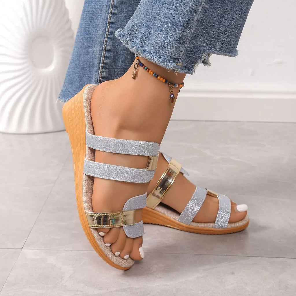 Open Toe Wedge Sandals in Black in Gold for Women