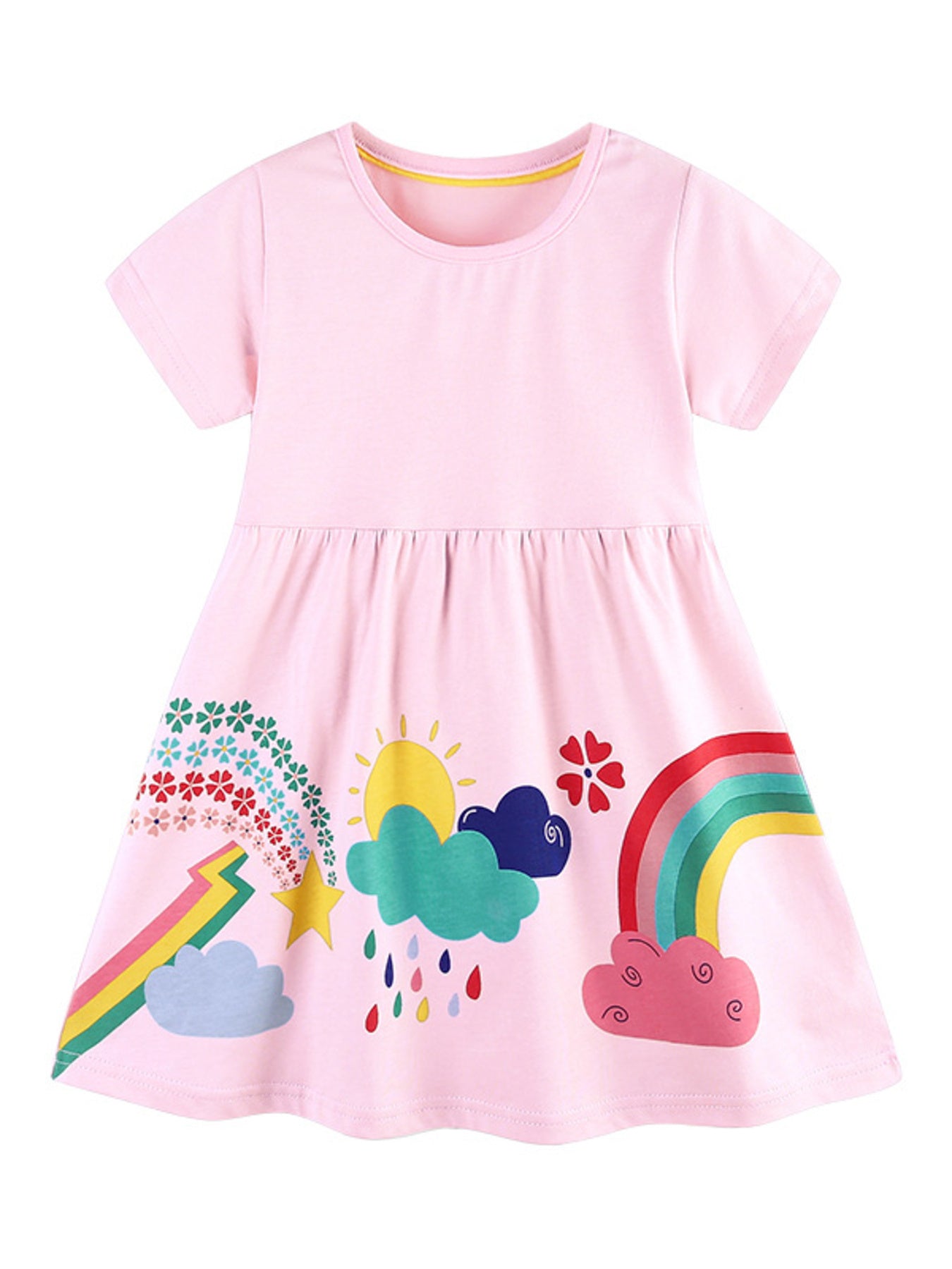 Rainbow Print Short Sleeve Casual Dress in Blush Pink for Girls