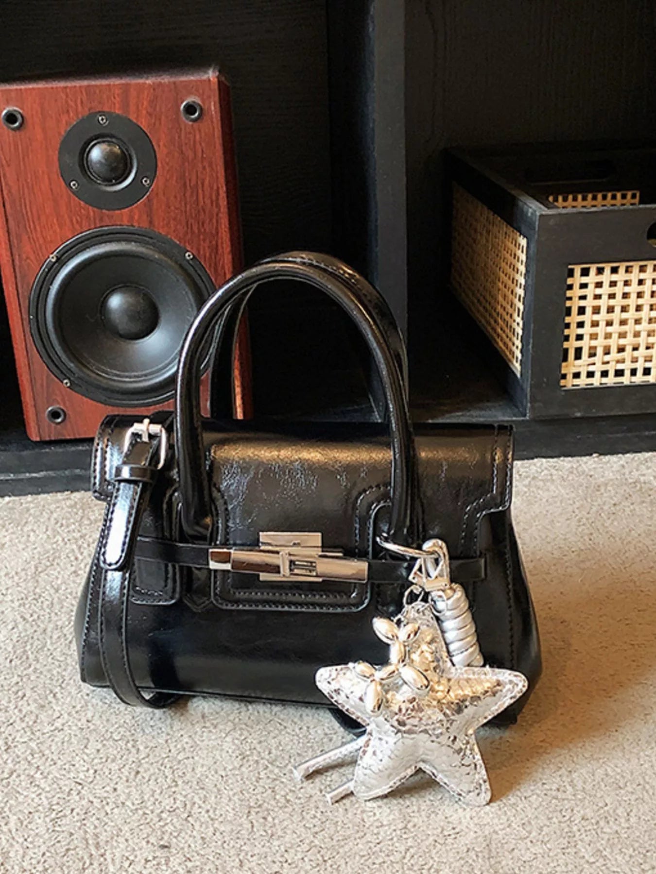Leather Top Handle Crossbody Bag in Black for Women