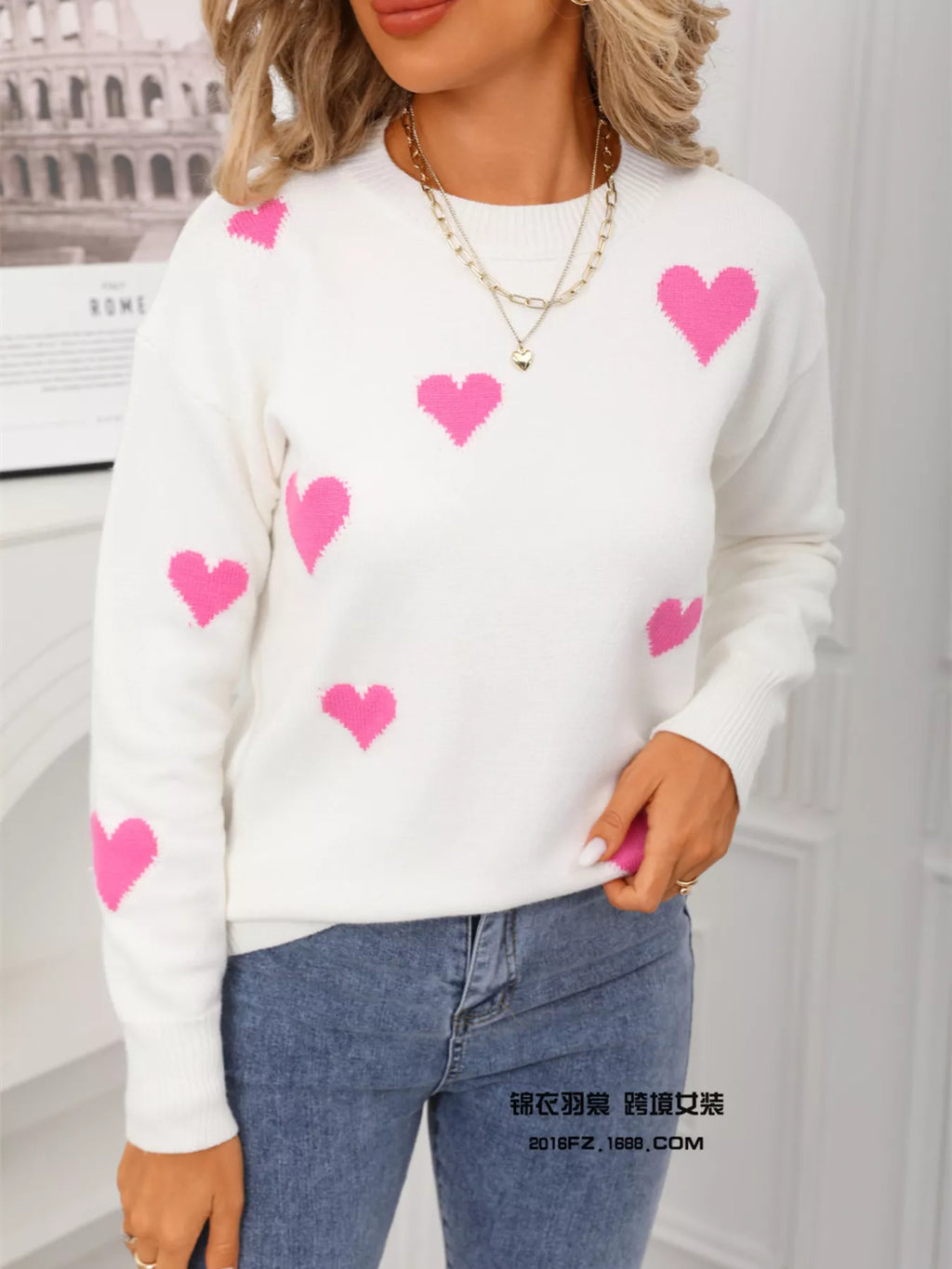 Valentines Day Heart Print Round Neck Sweater in Rose Red for Women