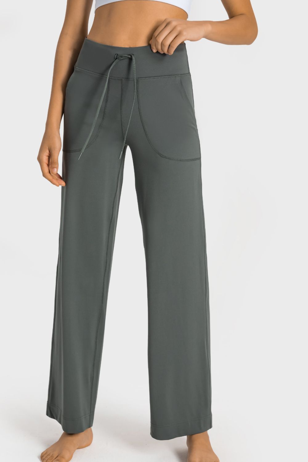 Drawstring Waist Wide Leg Sports Pants with Pockets in Sage for Women