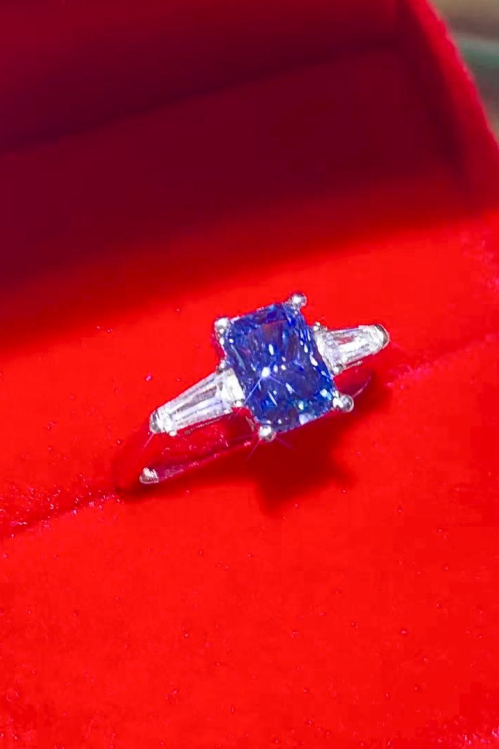 1 Carat Moissanite Platinum-Plated Rectangle Ring in Blue for Women