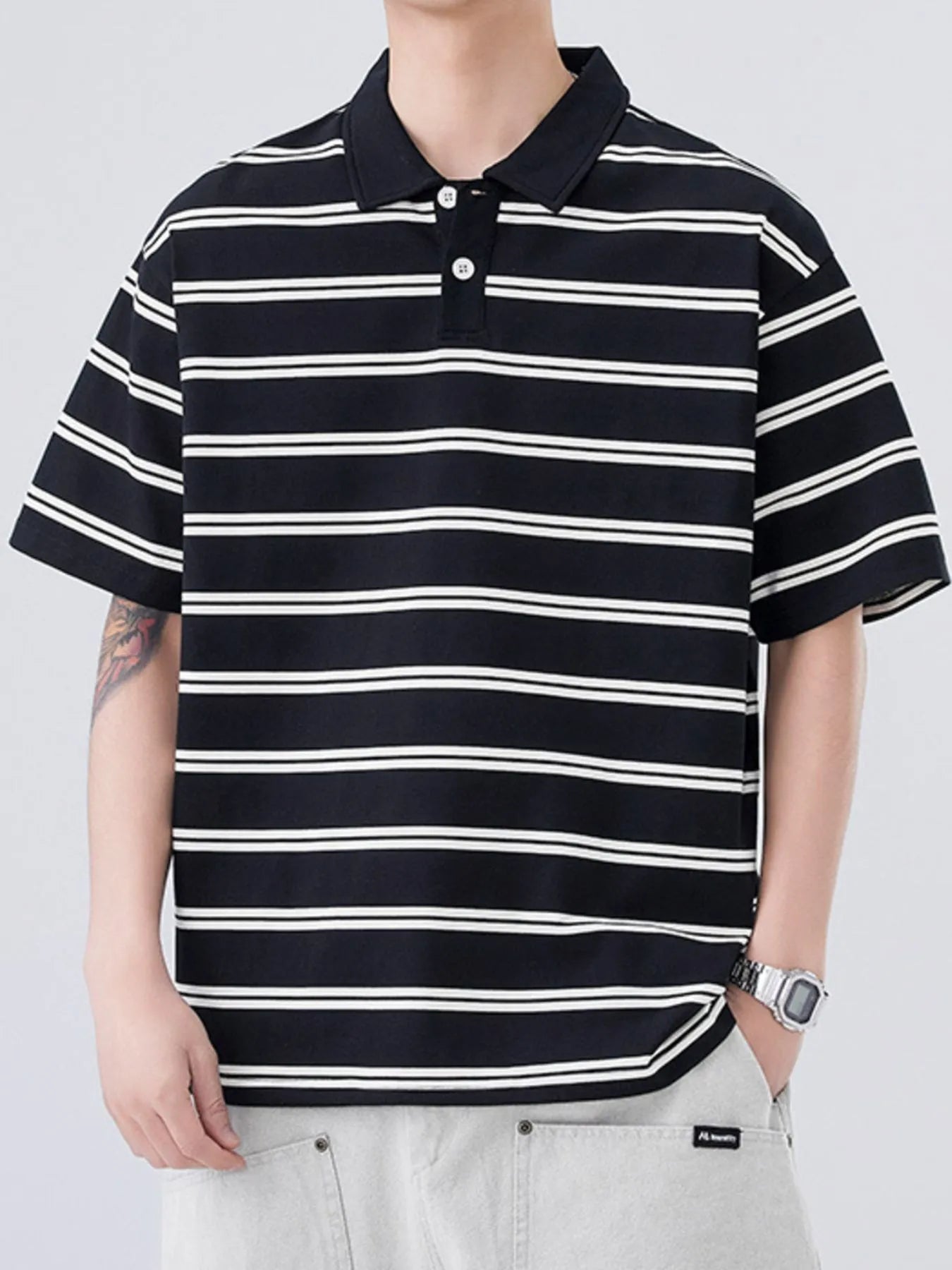 Plus Size Striped Half Sleeve Polo in Apricot for Men