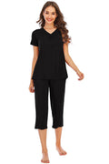 V-Neck Short Sleeve Top and Pants Lounge Set in Black for Women