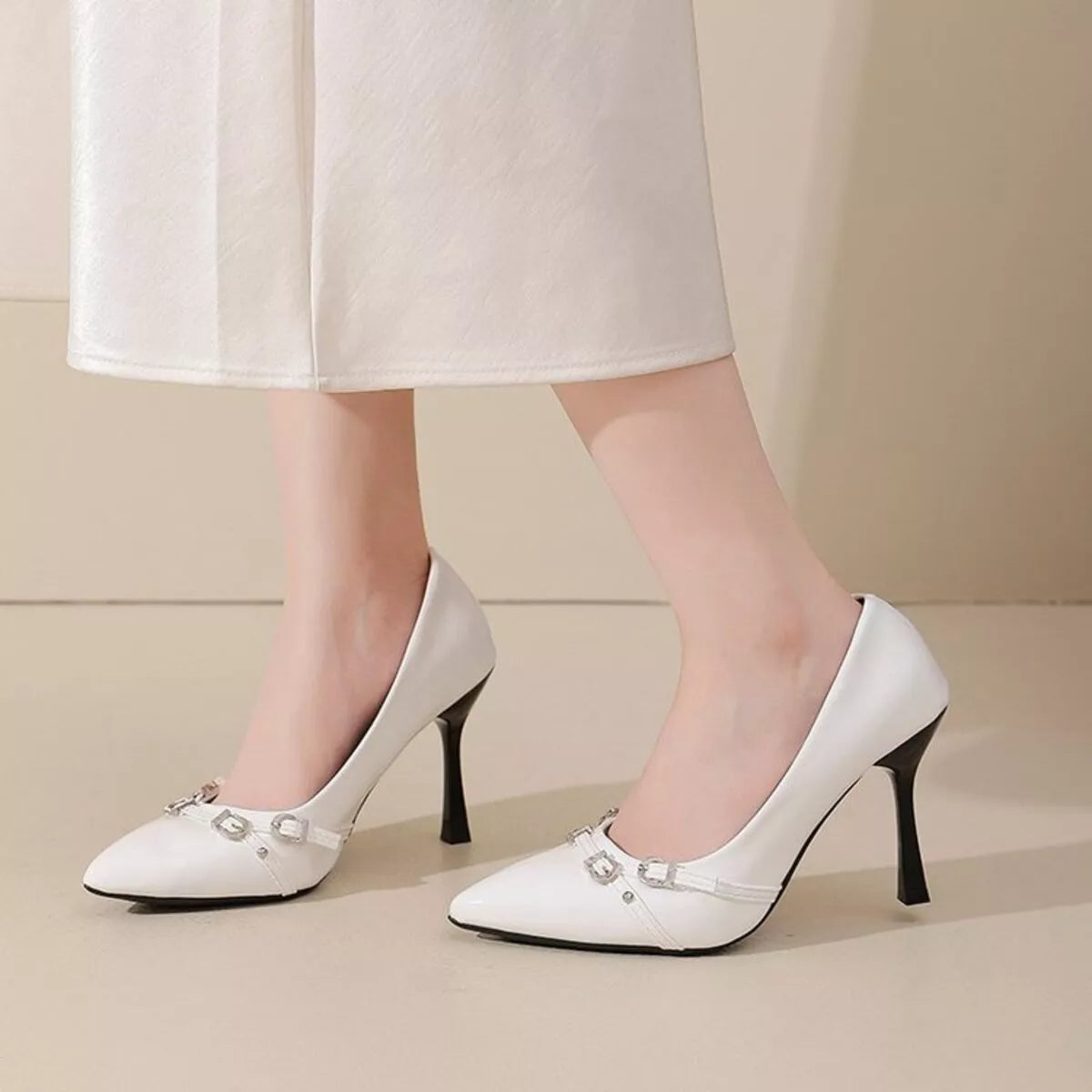 Point Toe High Heels Pumps in White for Women