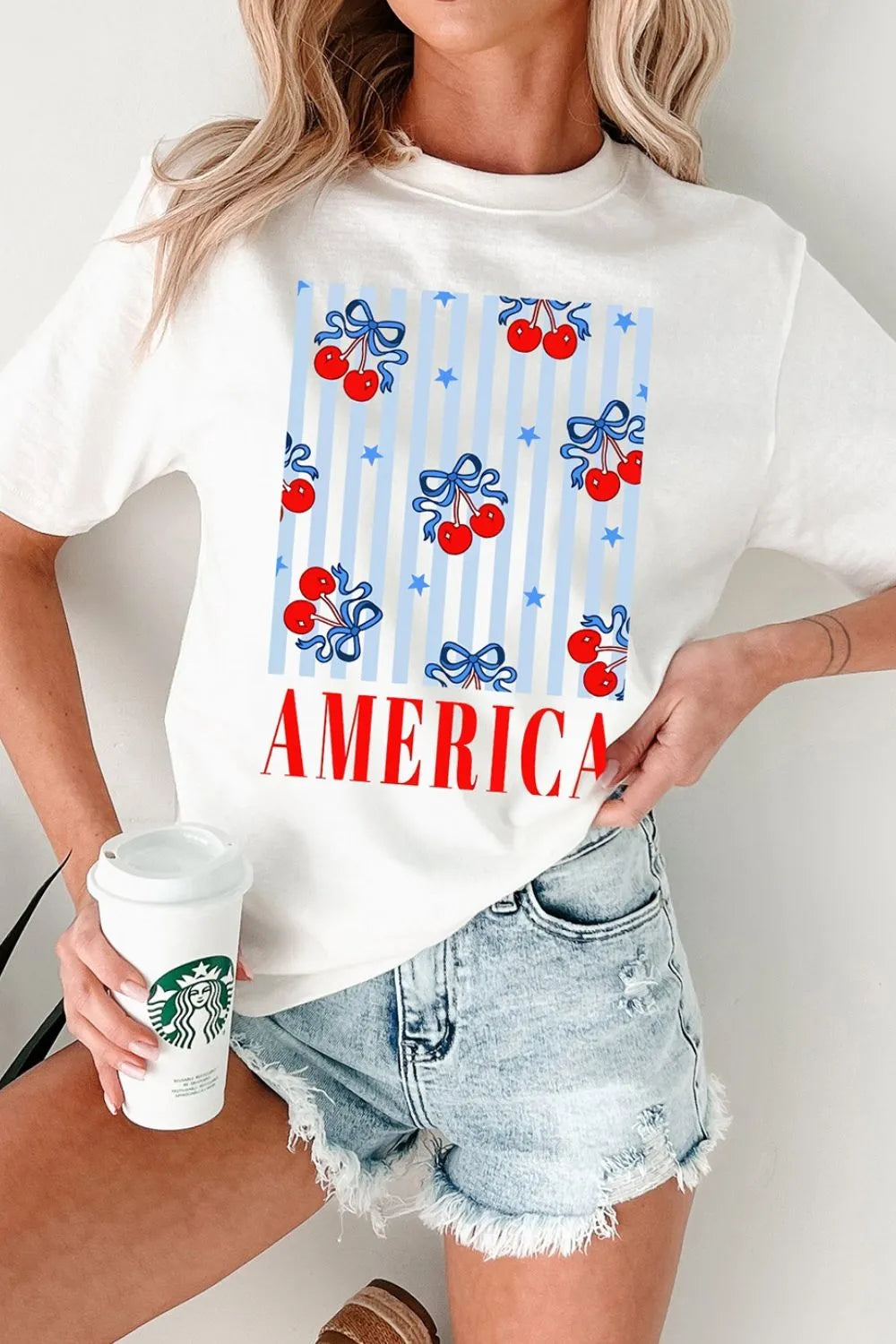 Bow Cherry America Graphic Crewneck Patriotic T-Shirt in White for Women