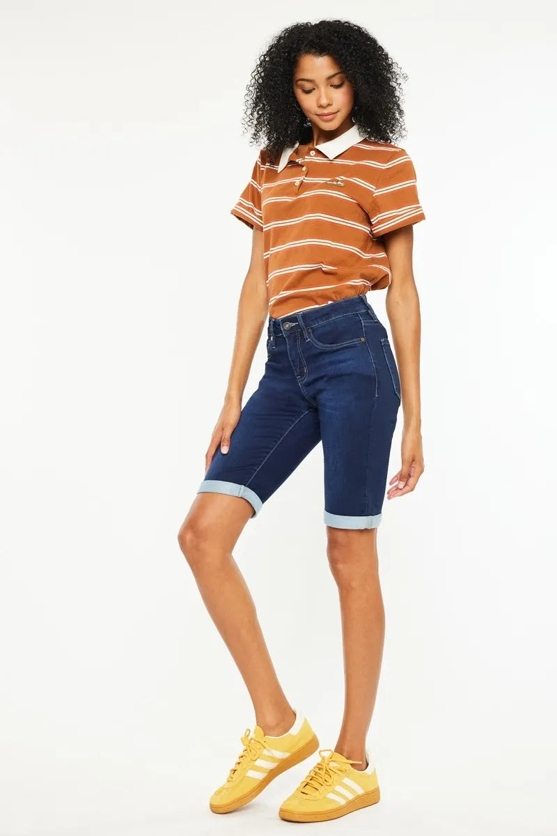 Mid Rise Bermuda Denim Shorts in Dark for Women
