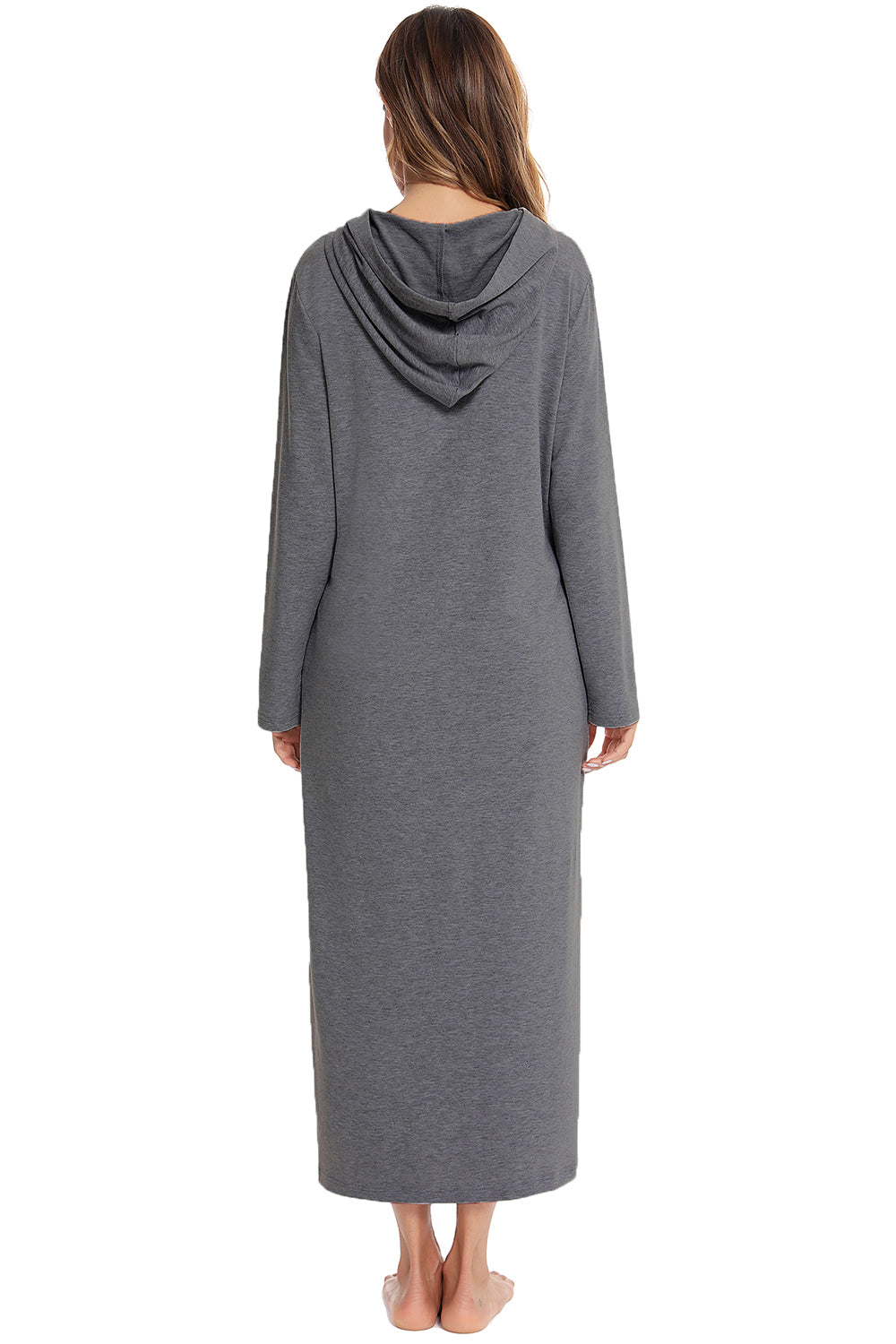 Zip Front Hooded Night Dress with Pockets in Light Gray in Black for Women