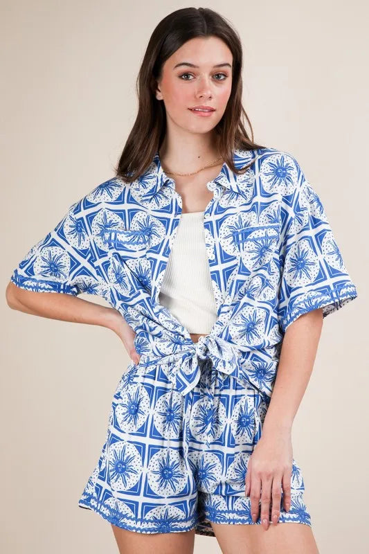 Tropical Printed Shirt Top and Shorts Set Plus Size in Blue for Women