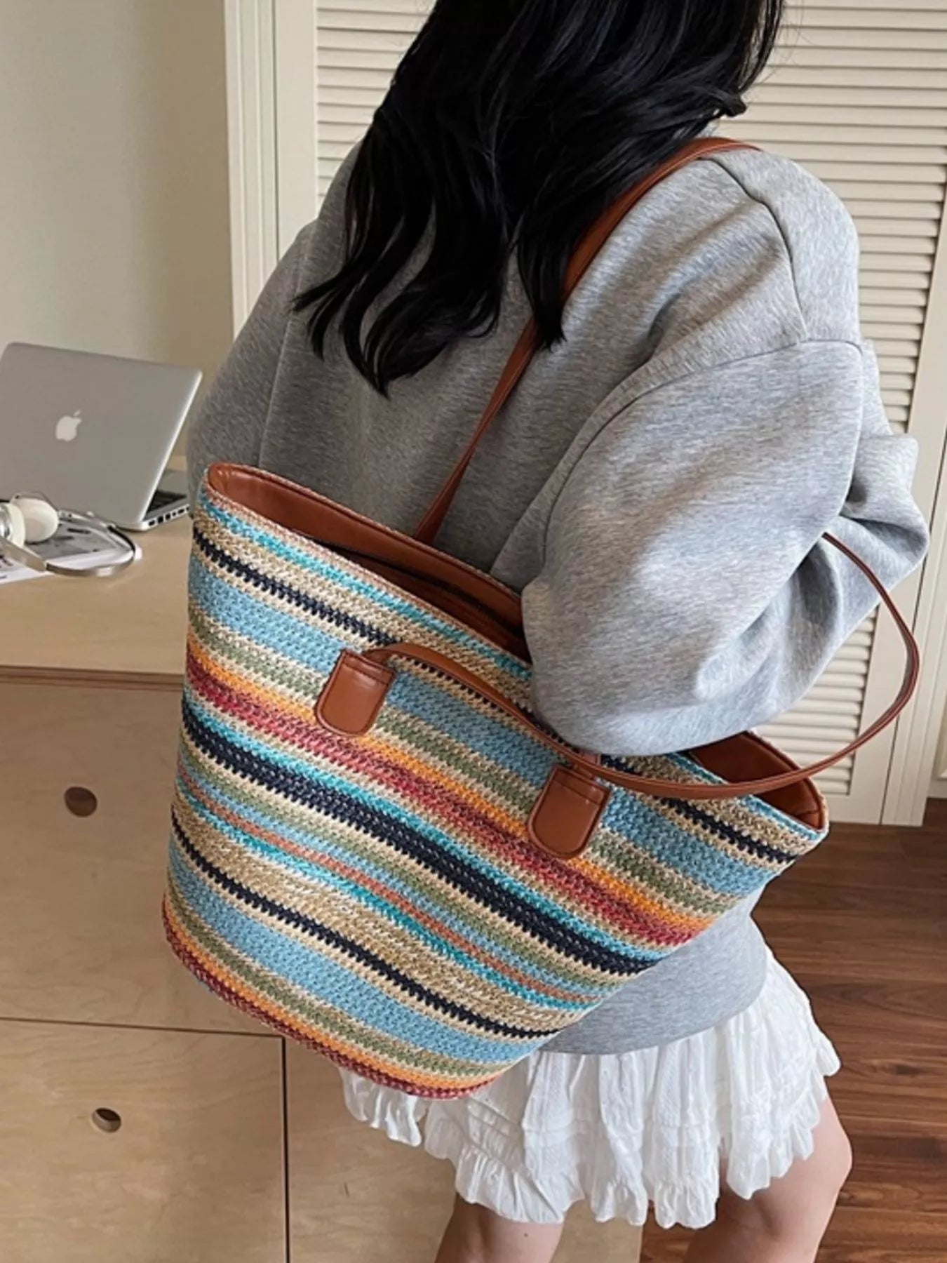 Striped Woven Shoulder Bag for Women