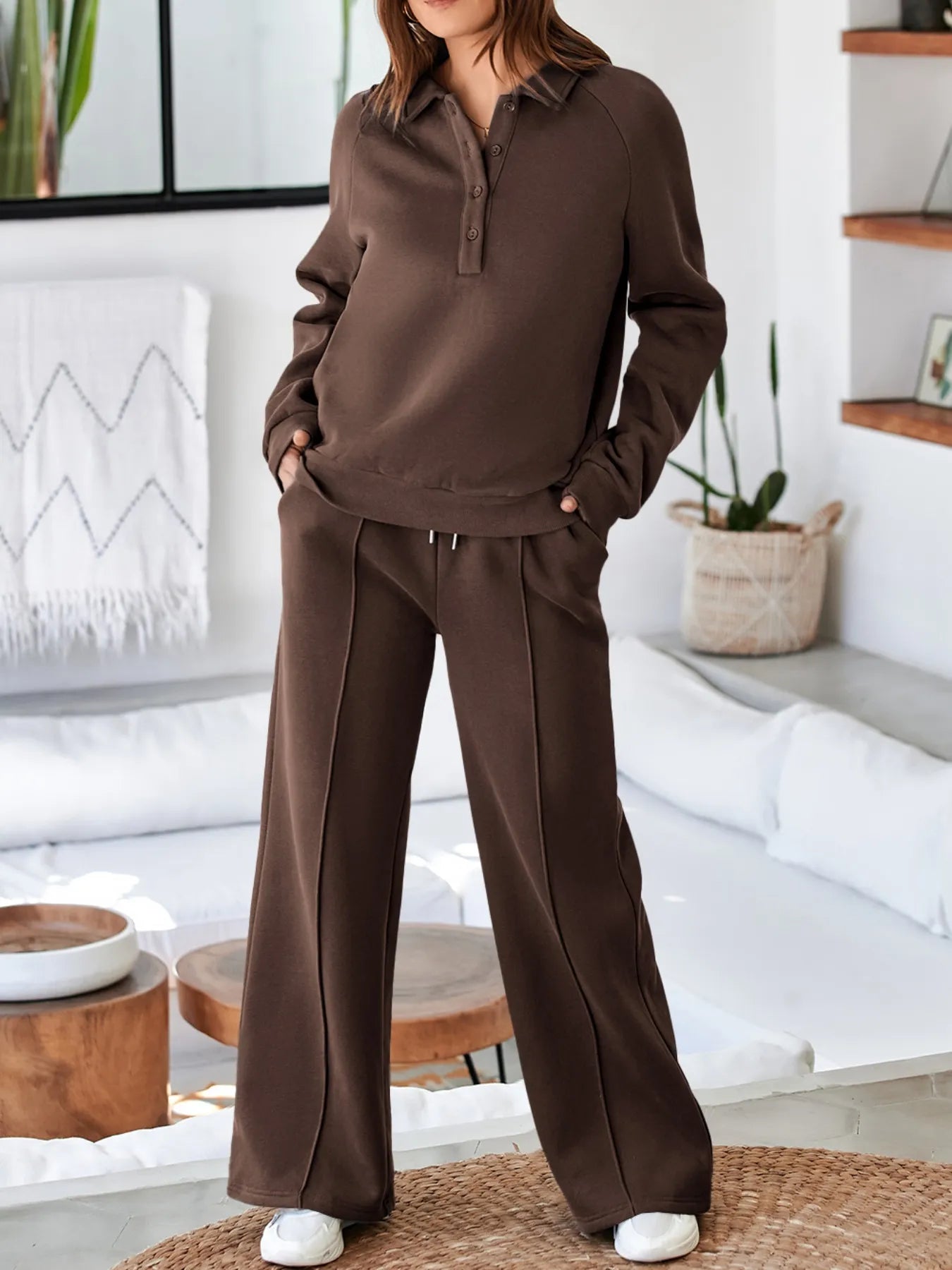 Collared Sweatshirt and High Waist Pants Active Set in Dusty Blue for Women