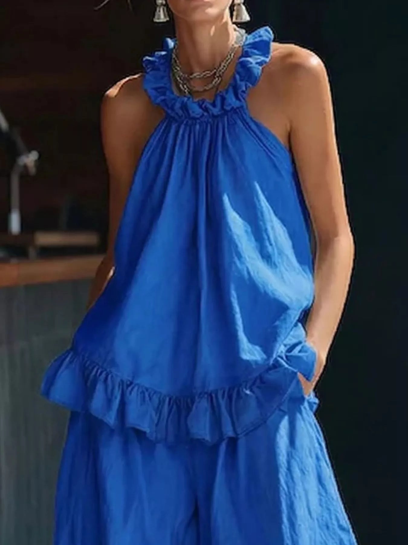 Plus Size Ruffled Halter Neck Top and Wide Leg Pants Set in Blue for Women