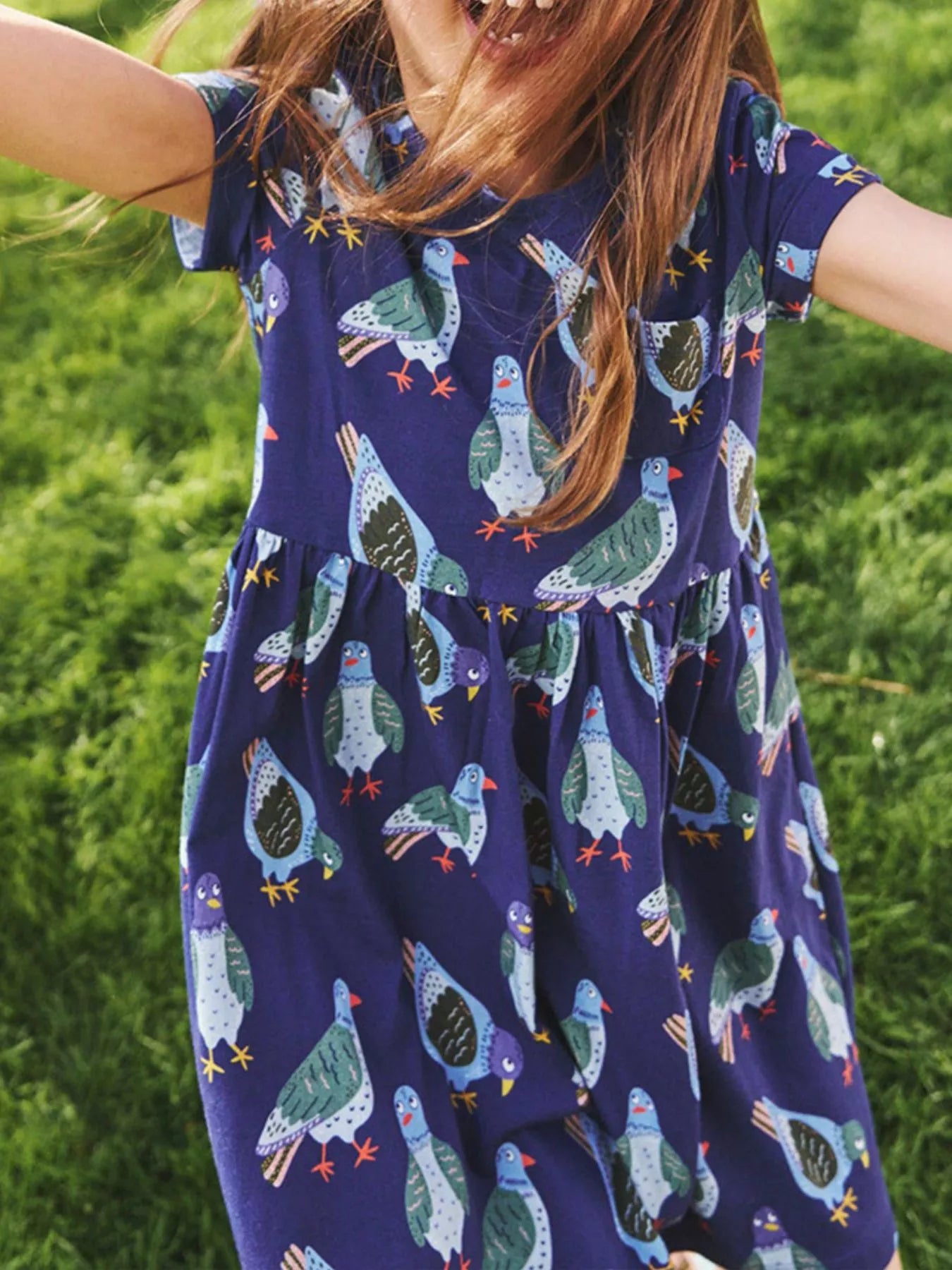 Pigeon Print Casual Dress in Navy for Girls