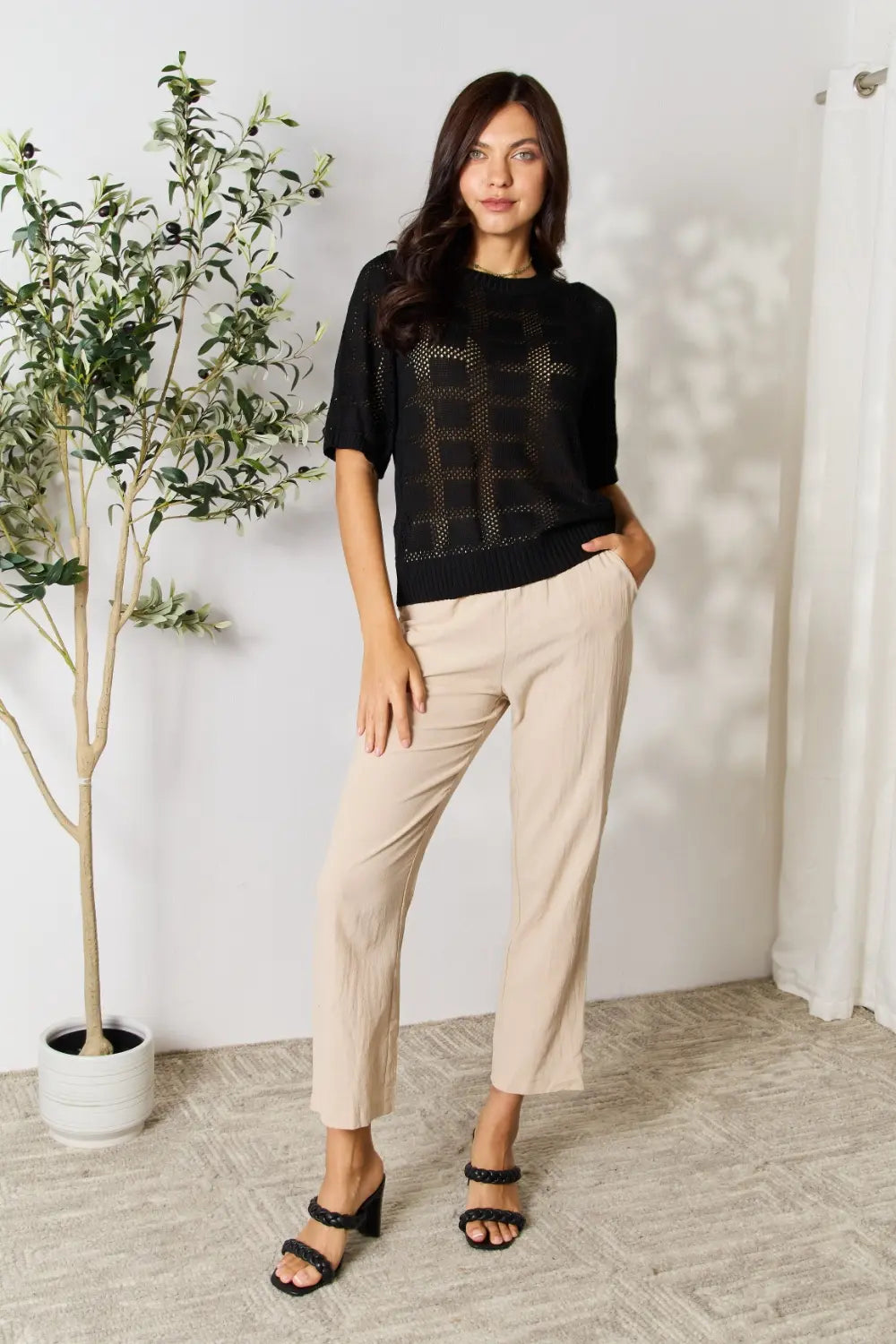 Ribbed Trim Round Neck Knit Top for Women