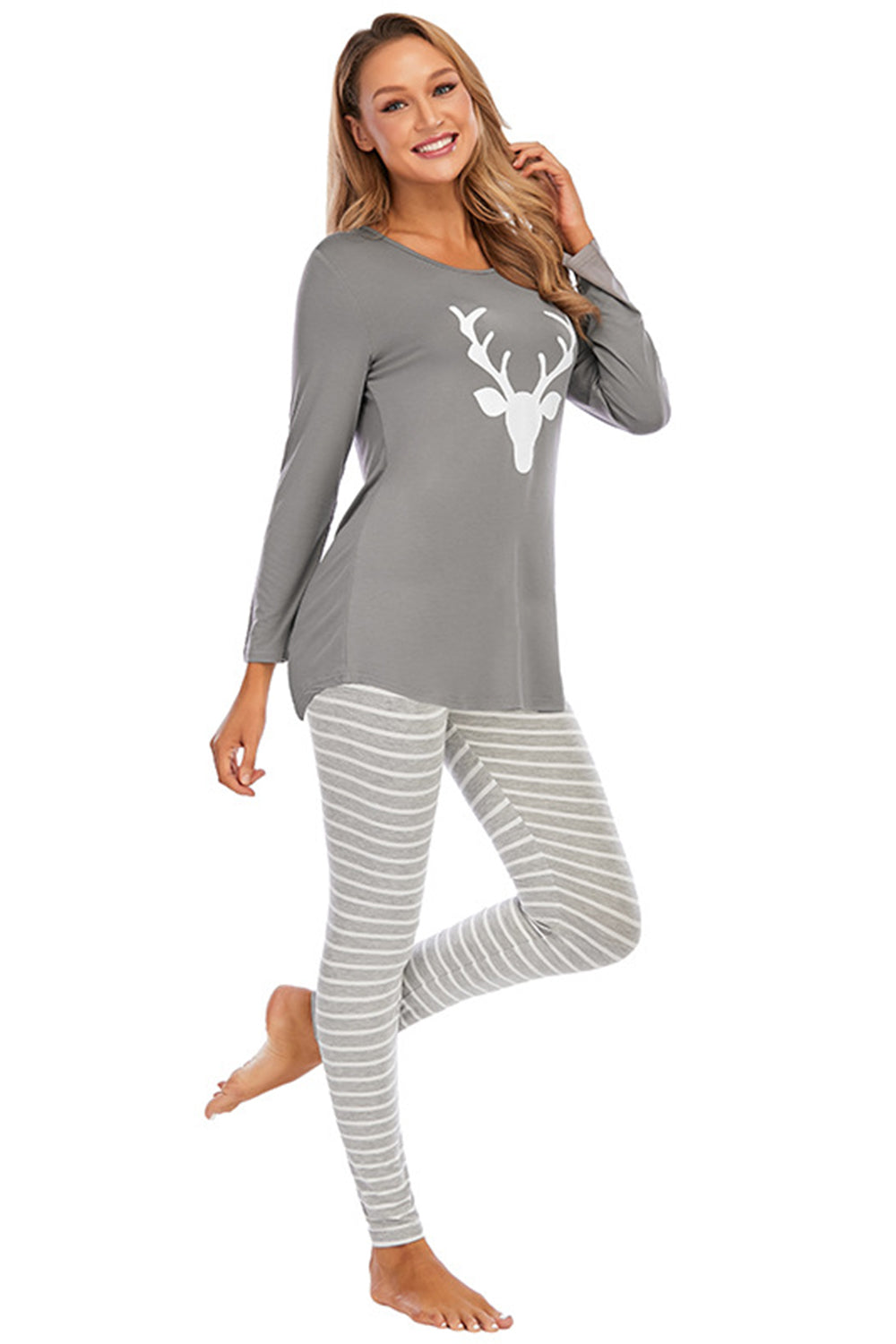 Graphic Round Neck Top and Striped Pants Set in Charcoal for Women