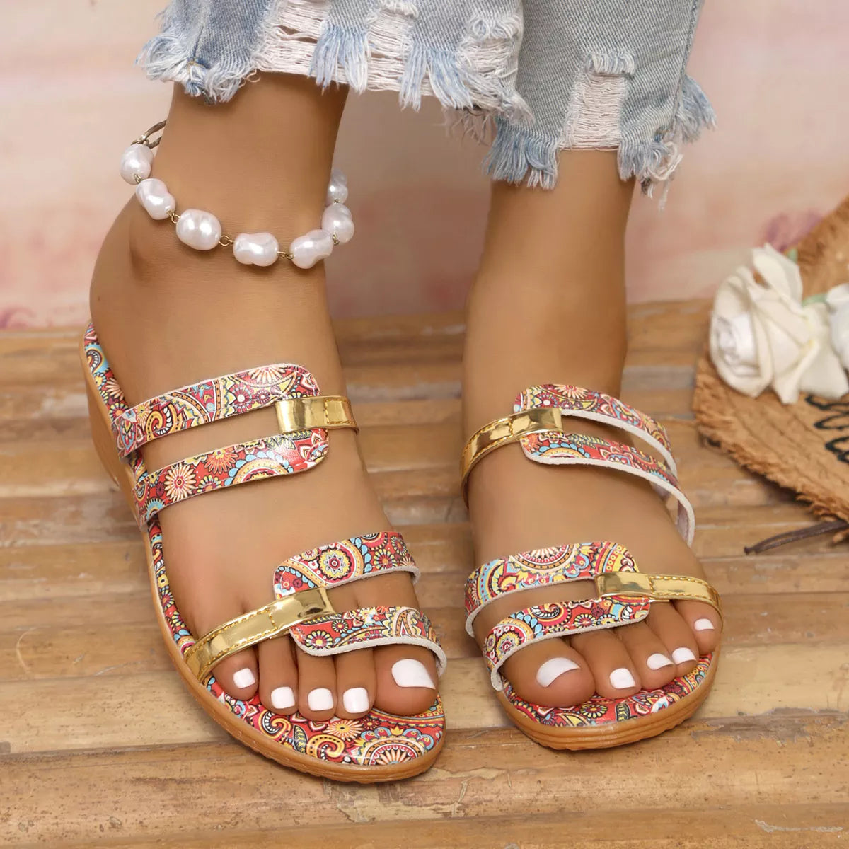 Open Toe Wedge Sandals in Red for Women