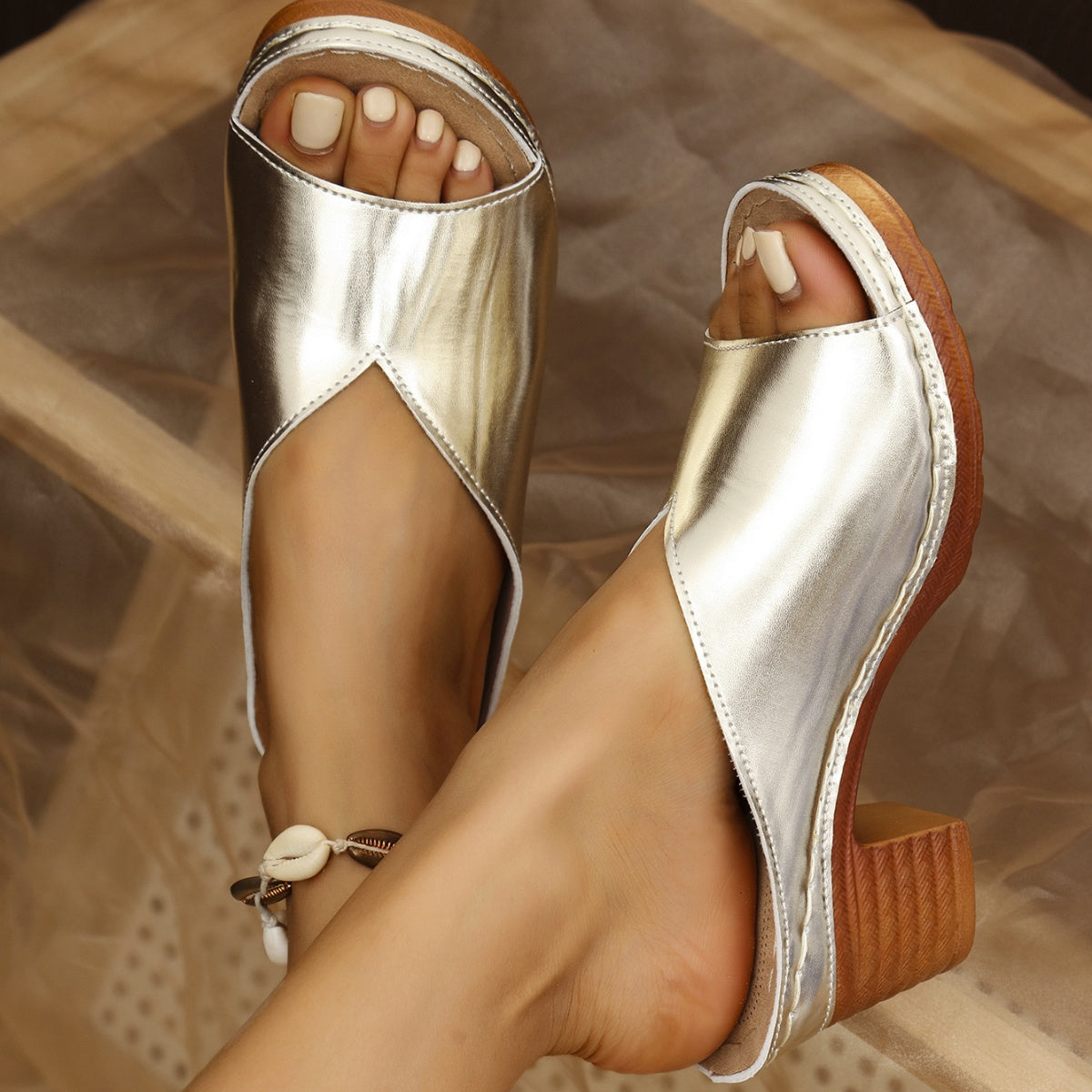 Open Toe Block Heel Sandals in Gold for Women