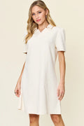 Plus Size Texture Collared Neck Short Sleeve Dress in White for Women