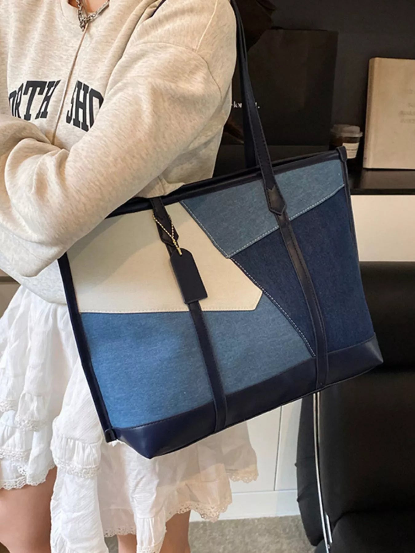 Color Block Denim Shoulder Bag for Women