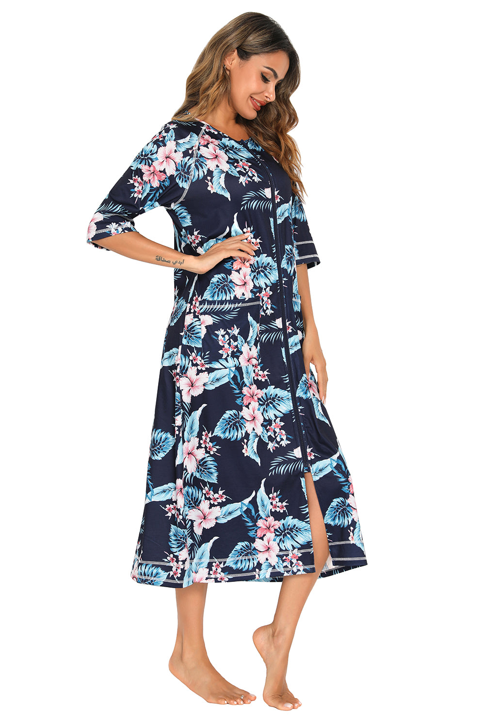 Printed Slit Night Dress with Pockets in Azure for Women