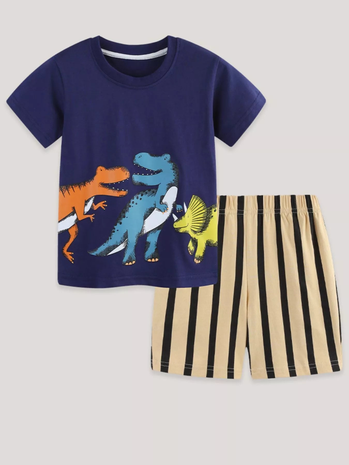 Dinosaur Print Casual Tee and Shorts Set in Dark Navy for Boys