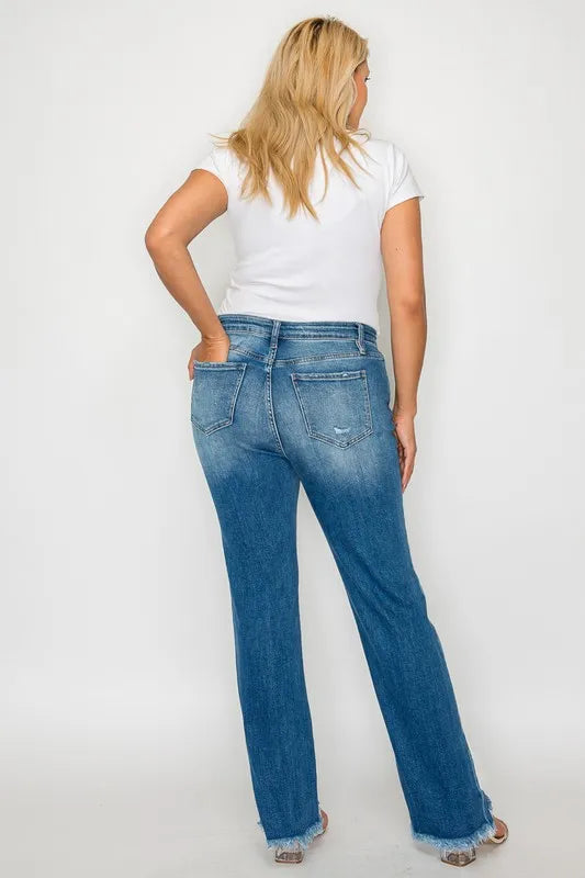 Plus Size Raw Hem Distressed Mid Rise Straight Jeans for Women