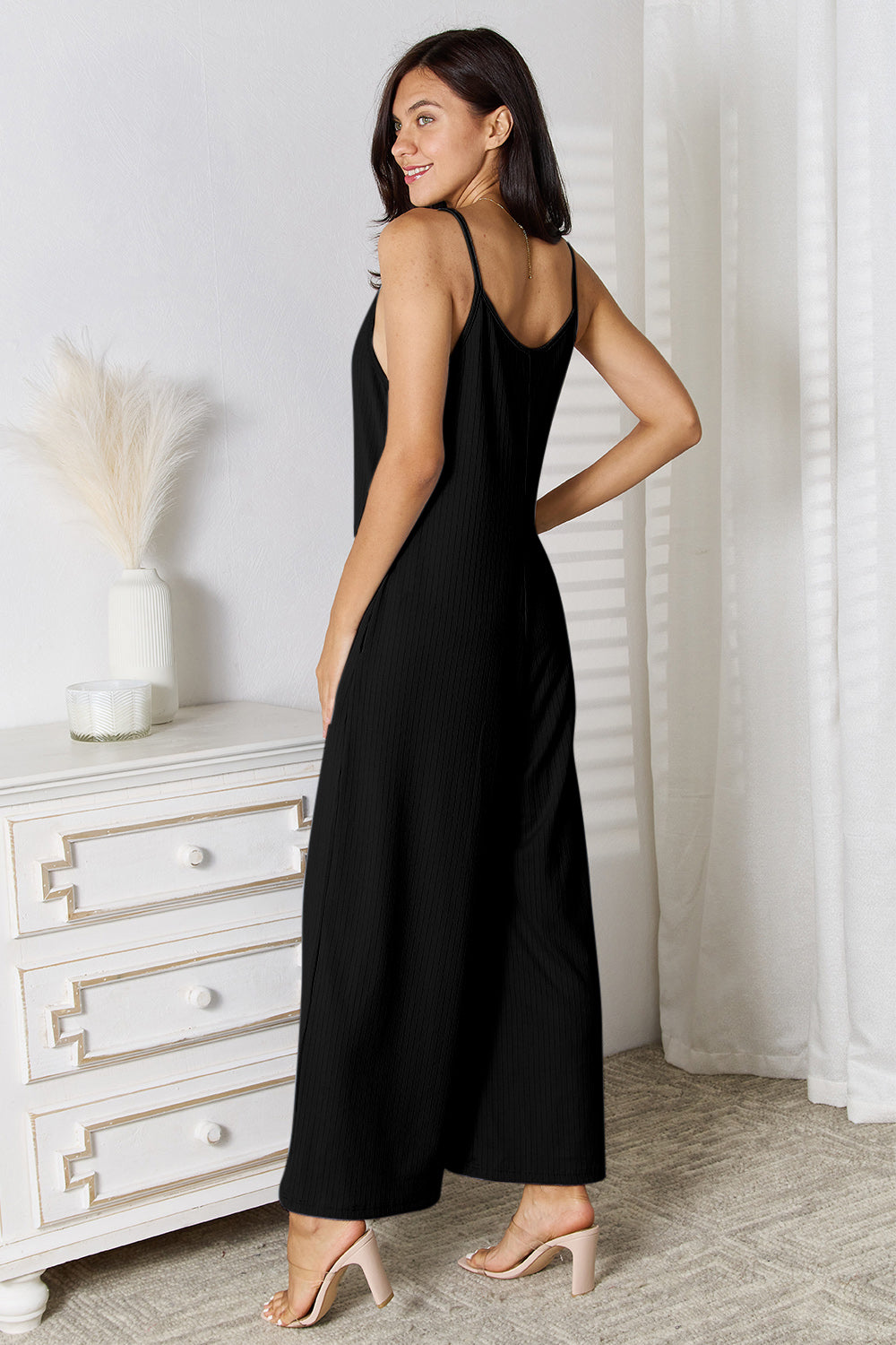Plus Size Spaghetti Strap V-Neck Jumpsuit in Black for Women