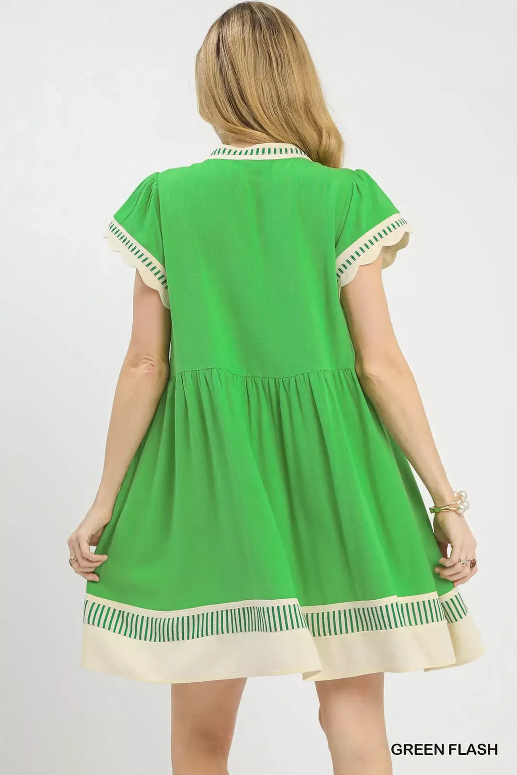 Linen Color Block Flutter Sleeve Dress in Green Flash for Women