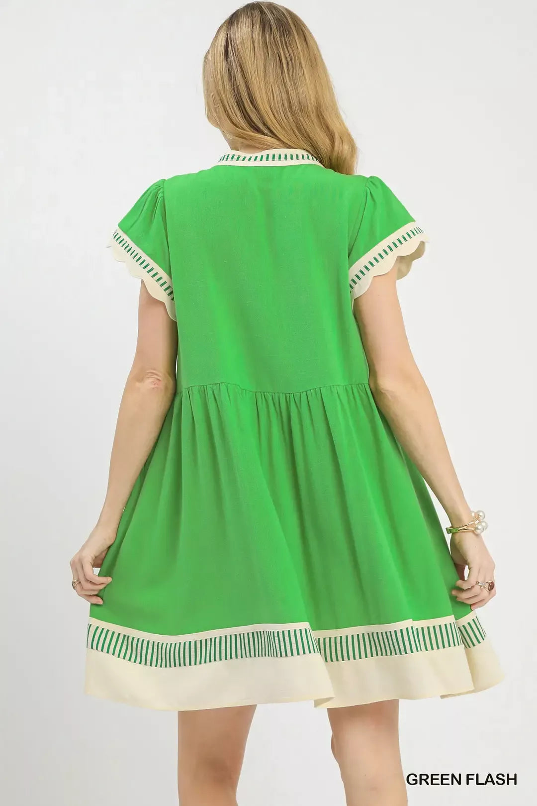 Linen Color Block Flutter Sleeve Dress in Green Flash for Women