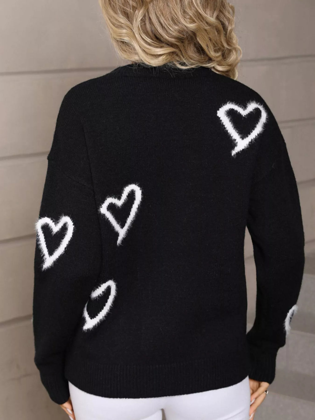 Valentines Day Heart Print Crew Neck Sweater in White for Women