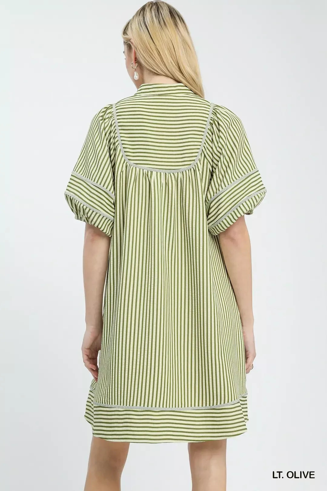 Striped Puff Sleeve Shift Dress in Light Olive for Women