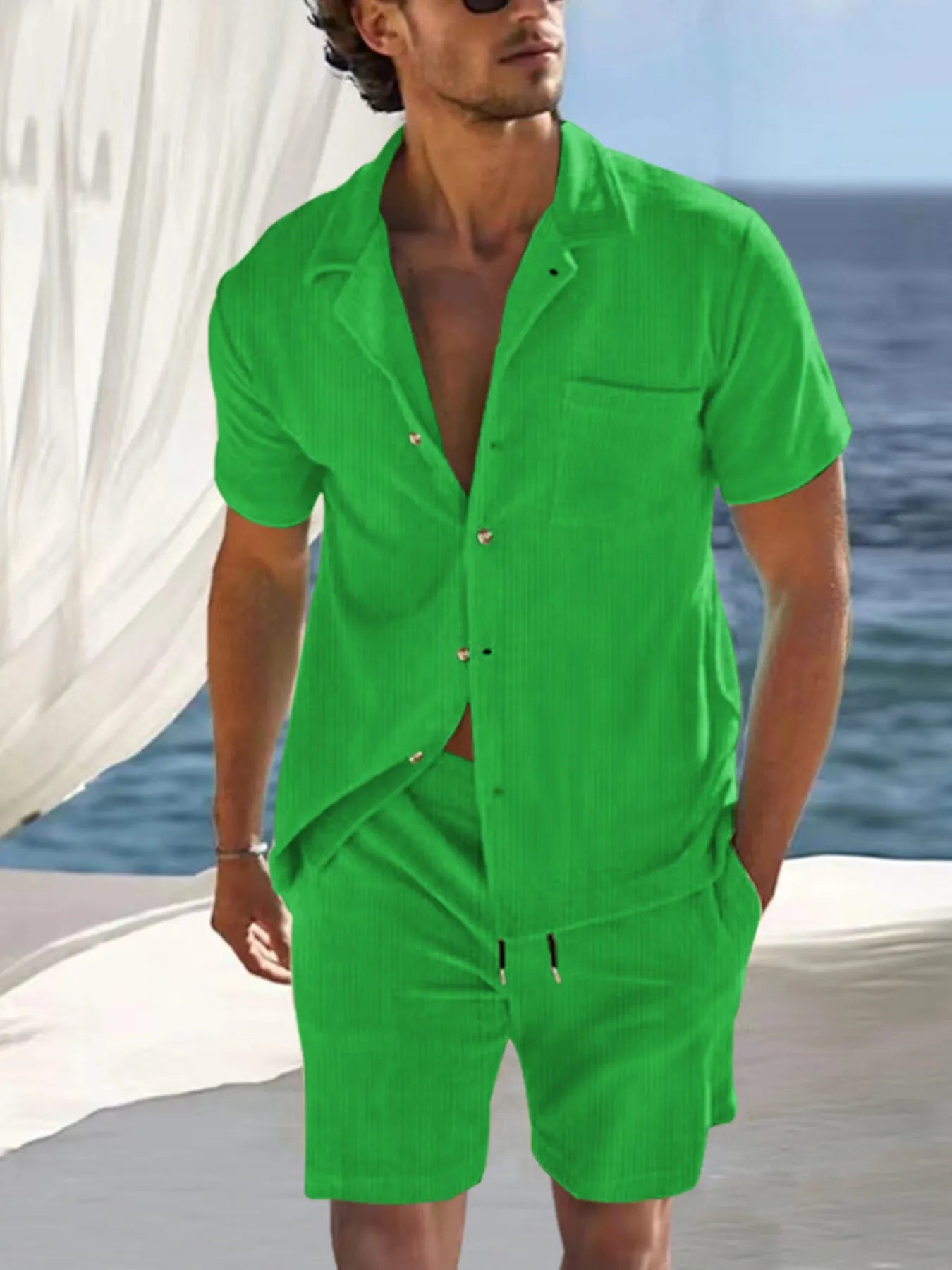 Button Detail Short Sleeve Top and Shorts Set Plus Size in Classic in White for Men