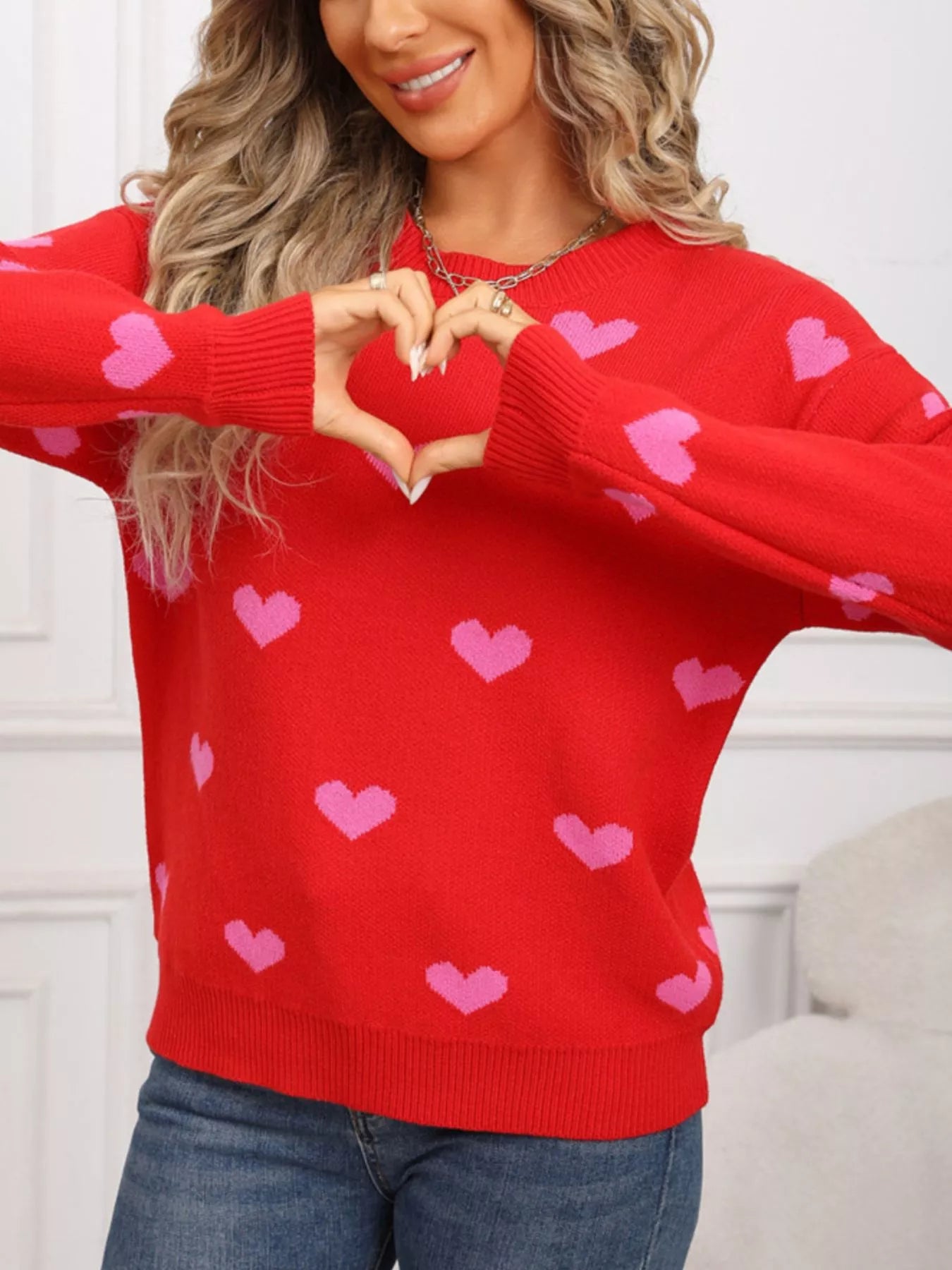 Valentines Day Heart Pattern Dropped Shoulder Sweater in Rose Red for Women
