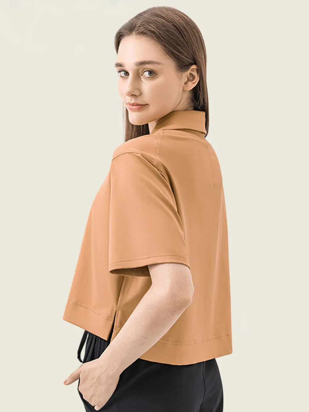 Half Button Short Sleeve Active T-Shirt in Sherbet for Women
