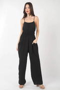 Pintuck Detail Woven Sleeveless Jumpsuit in Black for Women