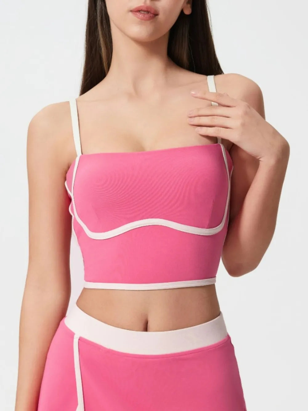 Contrast Trim Square Neck Active Cami with Detachable Chest Pads in Fuchsia Pink for Women