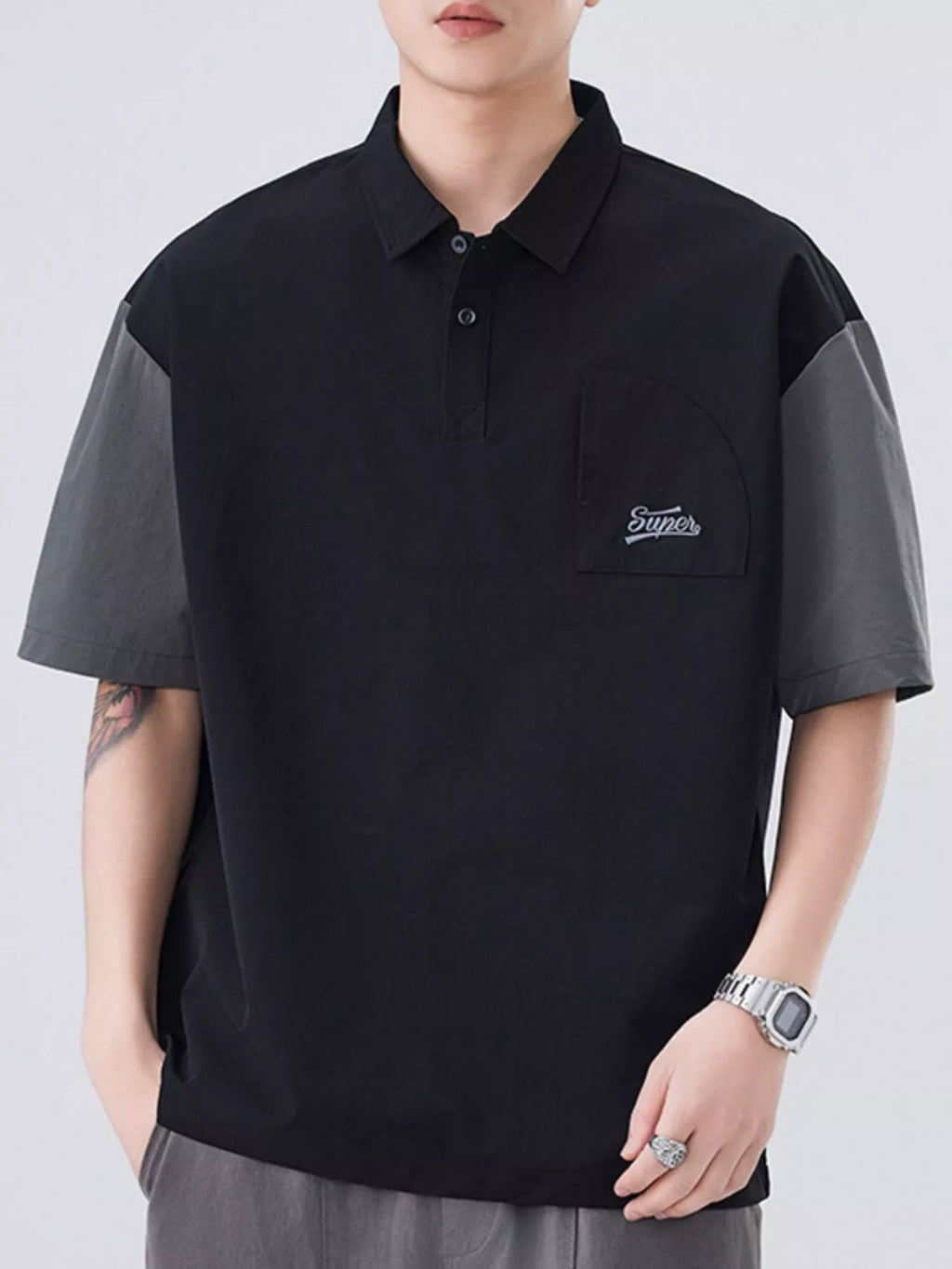 Plus Size Button Detail Short Sleeve Casual Polo in Green for Men