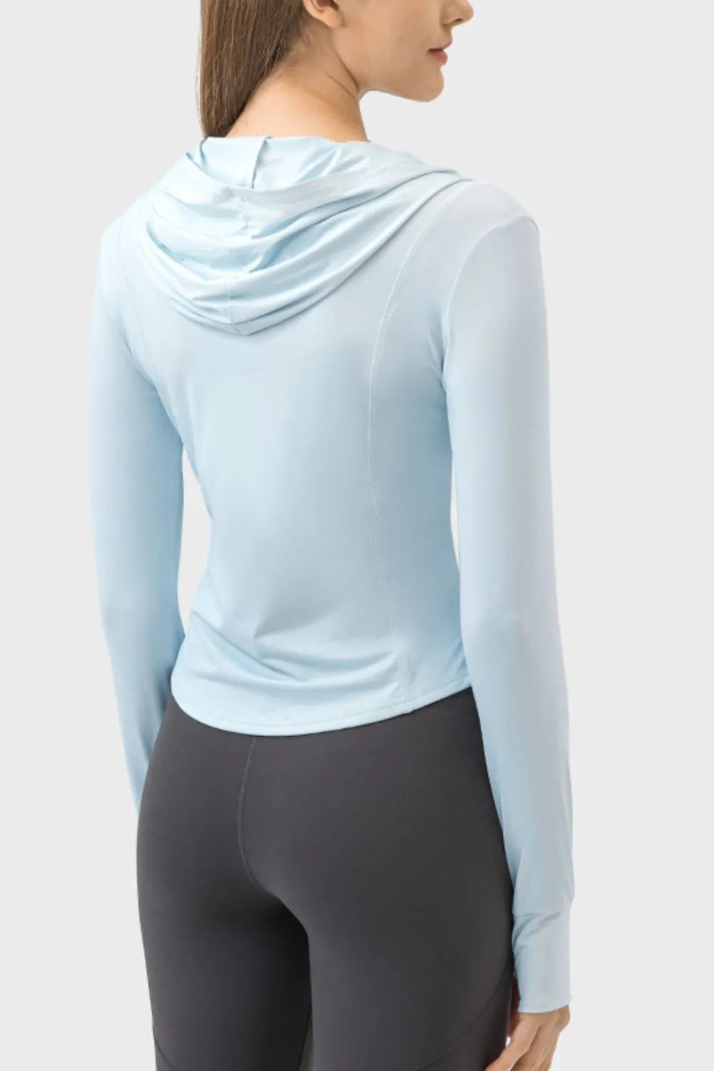 Pocketed Zip Up Hooded Long Sleeve Active Outerwear in Light Blue for Women