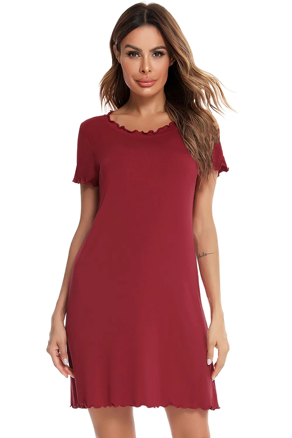 Round Neck Short Sleeve Lounge Dress in Scarlet for Women