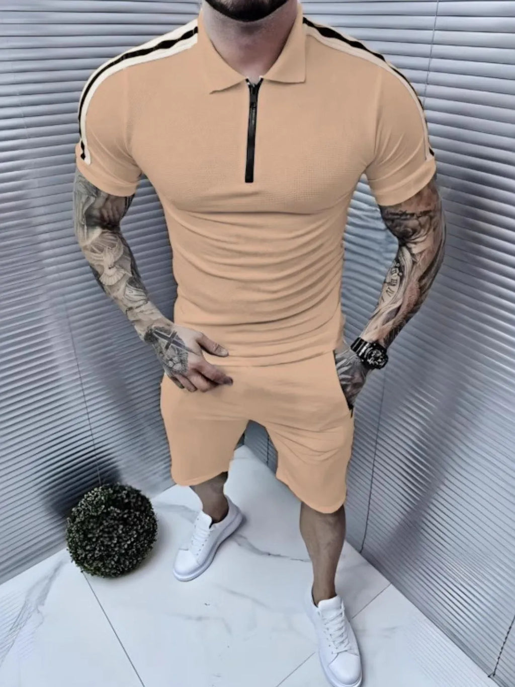 Collared Neck Short Sleeve Top and Shorts Set in Black for Men