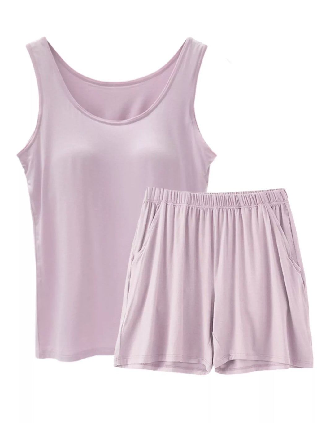 Plus Size Modal Padded Sleeveless Tank Top & Shorts Set in Milky White + Black for Women