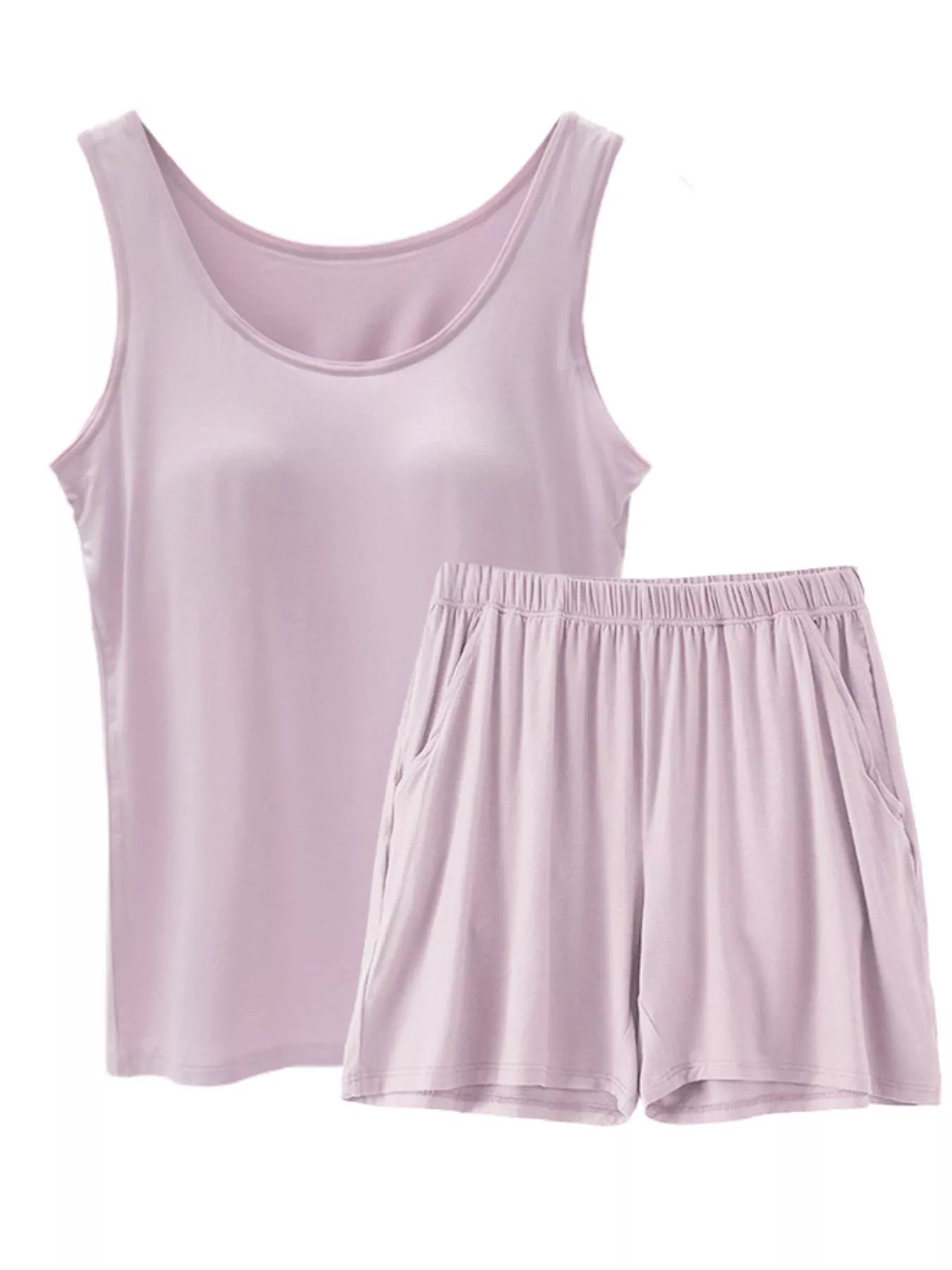 Plus Size Modal Padded Sleeveless Tank Top & Shorts Set in Milky White + Black for Women