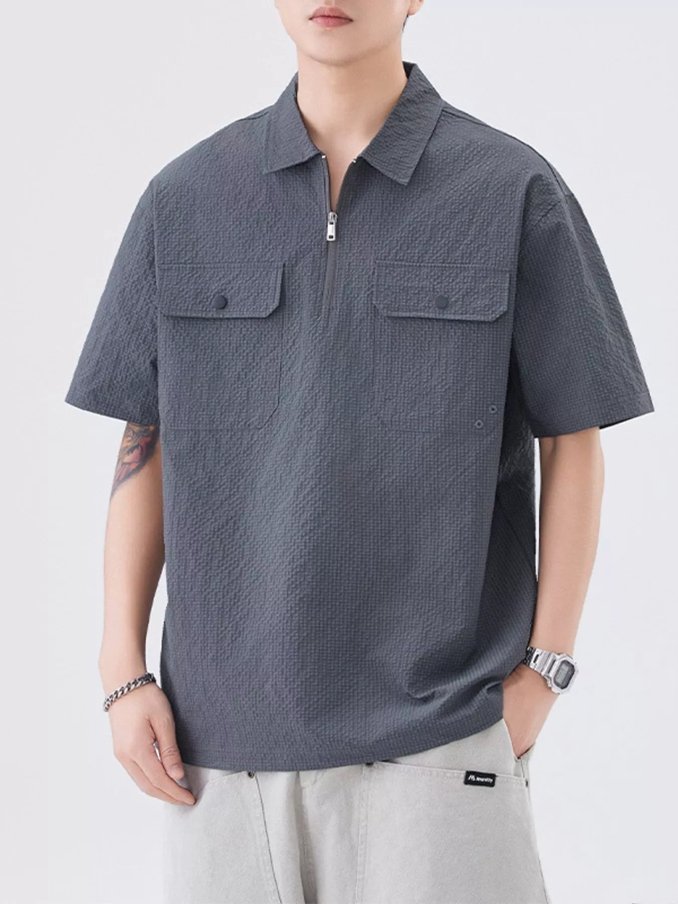 Quarter Zip Half Sleeve Polo in Olive for Men