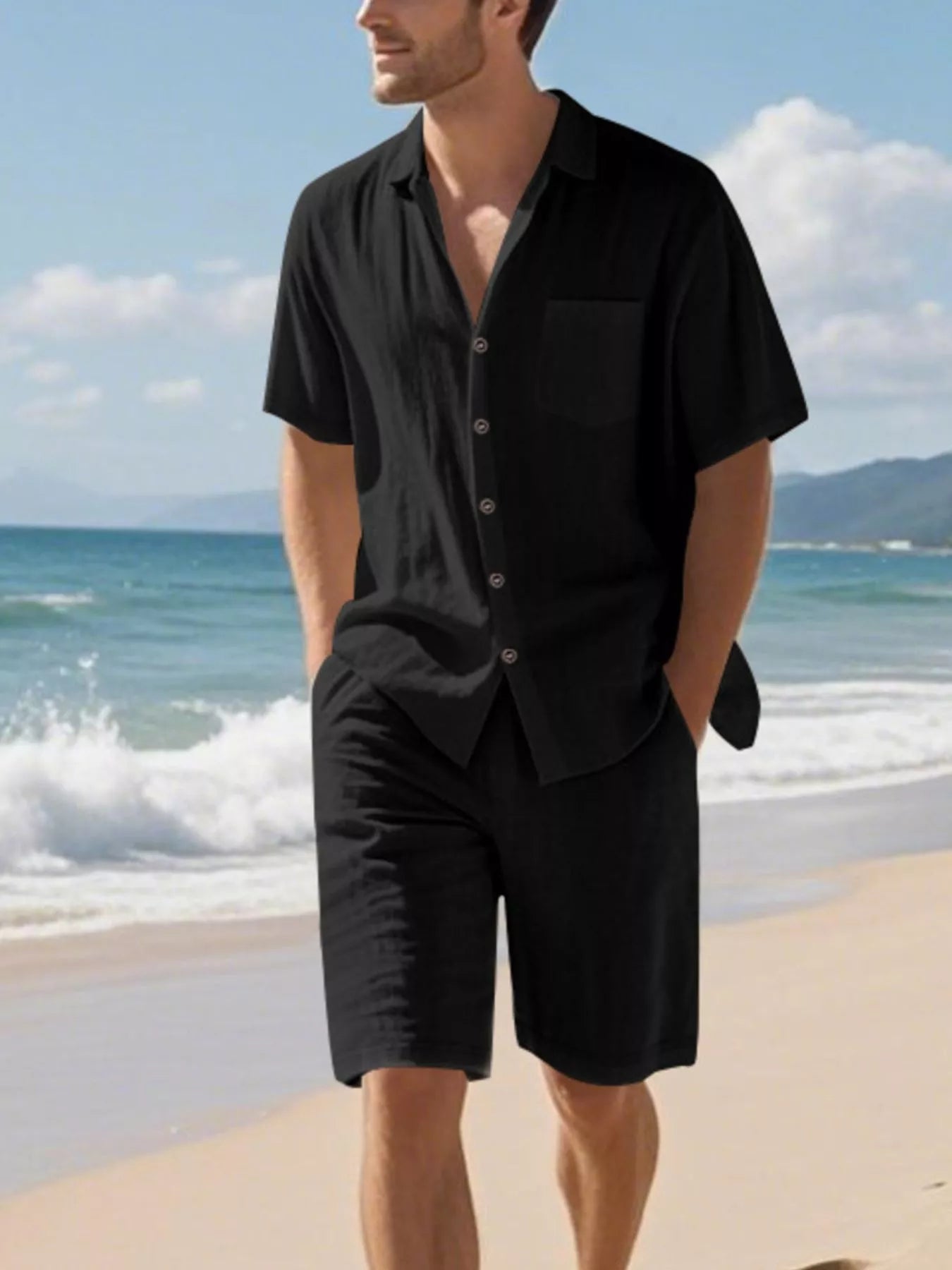 Casual Button Up Shirt and Shorts Set Plus Size in Army Green for Men